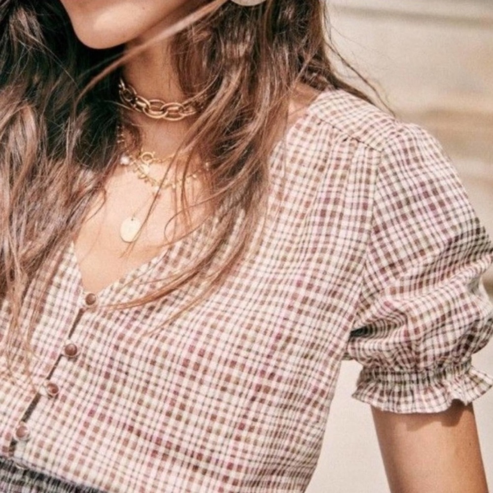 Sezane felix gingham brown ruched puff sleeve blouse